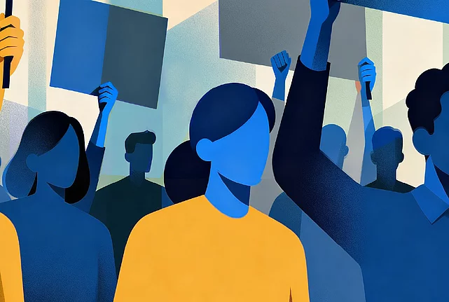 Decorative image displaying people protesting with blank posters and signs.