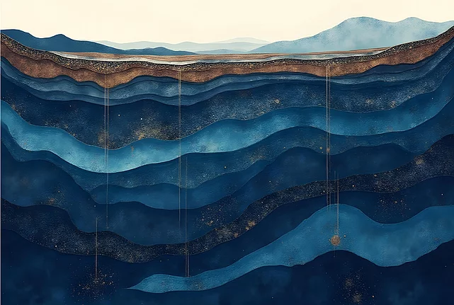 Decorative image showing a landscape in beige and blue tones with blue layers depicting layers of earth.