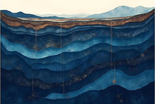 Decorative image showing a landscape in beige and blue tones with blue layers depicting layers of earth.