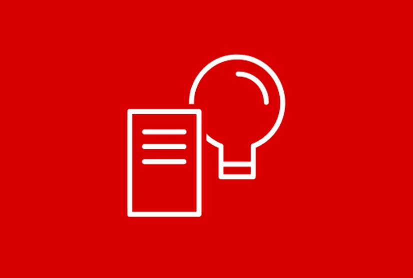White icon of paper and lightbulb on red background.