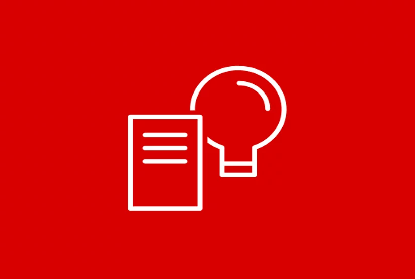 White icon of paper and lightbulb on red background.