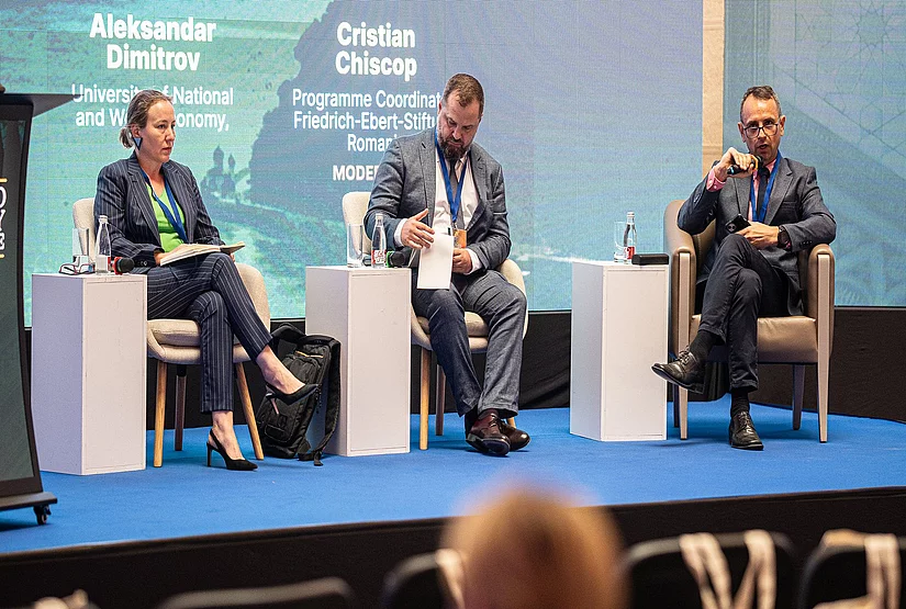 Panel at the Sarajevo Security Conference 2026, L to R Ruxandra Ivan, Alexandar Dimitrov and Cristian Chiscop.