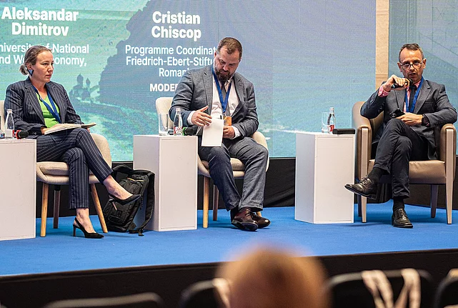 Panel at the Sarajevo Security Conference 2026, L to R Ruxandra Ivan, Alexandar Dimitrov and Cristian Chiscop.