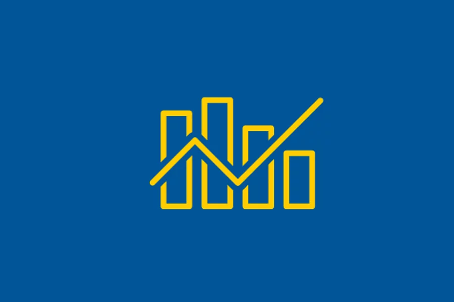 A simple yellow line icon of a bar chart with an upward-trending arrow on a dark blue background, representing growth, progress, or data analysis.