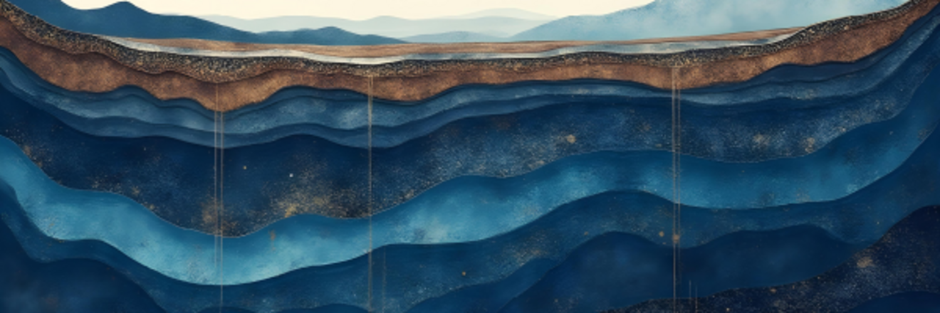 An abstract illustration of layered geological strata in shades of blue and brown. The wavy layers resemble sedimentary rock formations, with thin vertical lines suggesting drilling or depth indicators. Soft mountains and a pale sky appear in the background.