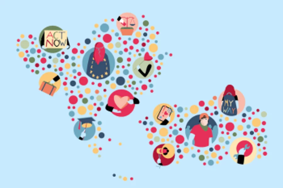 Colorful illustration on a light blue background showing the map of Europe and surrounding regions made from multicolored dots. Within the dots are small icons related to youth and civic engagement, including a protest sign reading “Act Now,” a graduation cap, a ballot checkmark, a person wearing a mask, a heart symbol, and other social and political symbols.