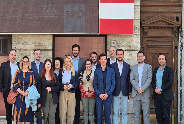 Group photo of participants gathered in front of the SPÖ Austria  office in Vienna during the regional meeting of international secretaries and representatives of social democratic parties from the Western Balkans, organized by the FES Office Belgrade  in cooperation with Dialogue Southeast Europe  and Regional Office Democracy for the Future Vienna .