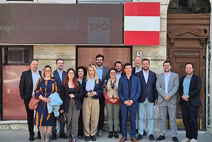 Group photo of participants gathered in front of the SPÖ Austria  office in Vienna during the regional meeting of international secretaries and representatives of social democratic parties from the Western Balkans, organized by the FES Office Belgrade  in cooperation with Dialogue Southeast Europe  and Regional Office Democracy for the Future Vienna .