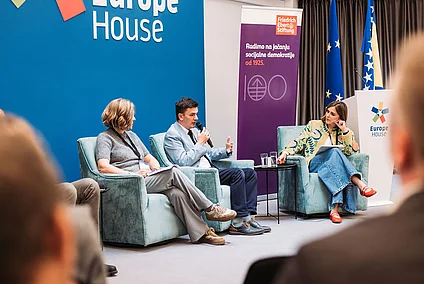 Panel Who Is Shaping the Future of Work? with Amar Numanović of the International Labor Organization, Ratka Babić of the Employment and Social Affairs Platform, and Faris Godinjak of Bosnia and Herzegovina's Ministry of Foreign Trade and Economic Relations (LtoR). Moderated by Jelena Šapić