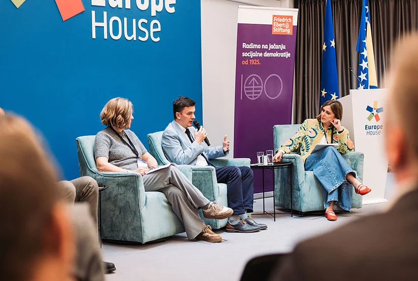 Panel Who Is Shaping the Future of Work? with Amar Numanović of the International Labor Organization, Ratka Babić of the Employment and Social Affairs Platform, and Faris Godinjak of Bosnia and Herzegovina's Ministry of Foreign Trade and Economic Relations (LtoR). Moderated by Jelena Šapić