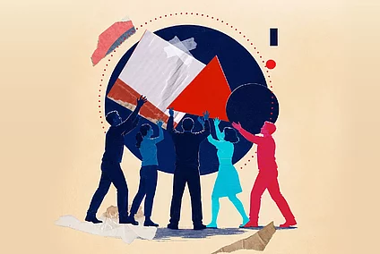 5 figures holding up a globe and other geometric shapes in a show of joint effort.