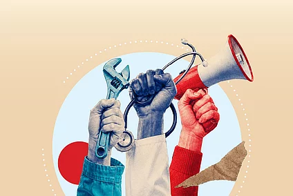 Decorative image showcasing three fists clenching different tools to represent worker's resistance.